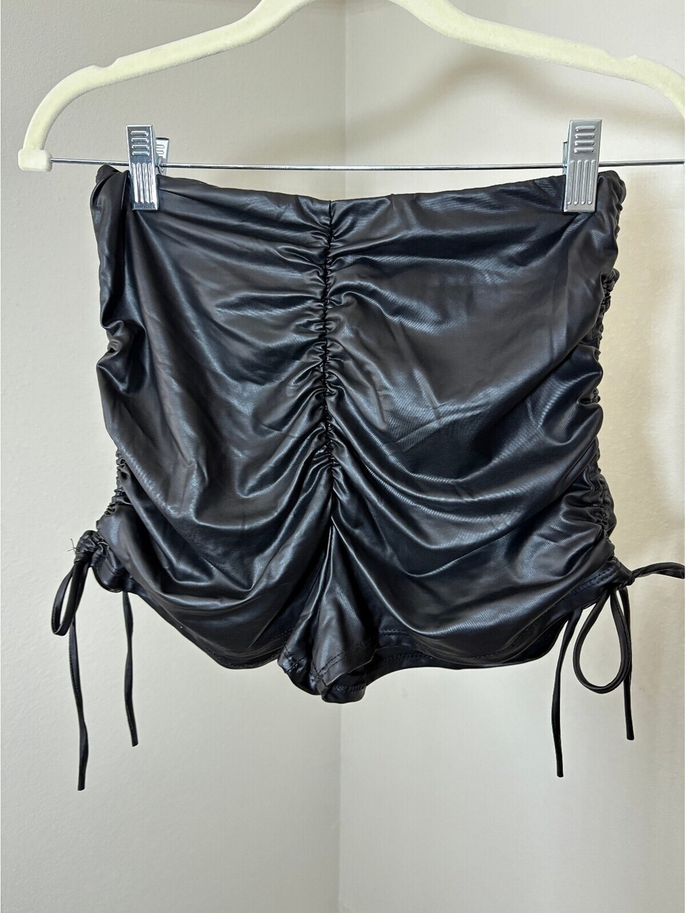 Faux Leather Ruched Shorts with side ruche detailing, best for size small